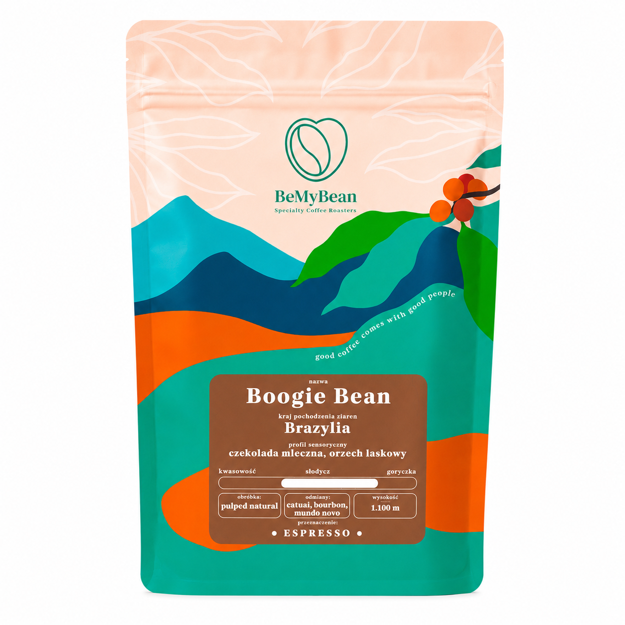 BeMyBean Boogie Bean to kawa ziarnista z Brazylii przeznaczona do espresso. Wyróżnia się profilem smakowym z nutami mlecznej czekolady i orzecha laskowego. Naturalna obróbka ziaren zapewnia przyjemną słodycz, pełny aromat i łagodną kwasowość.