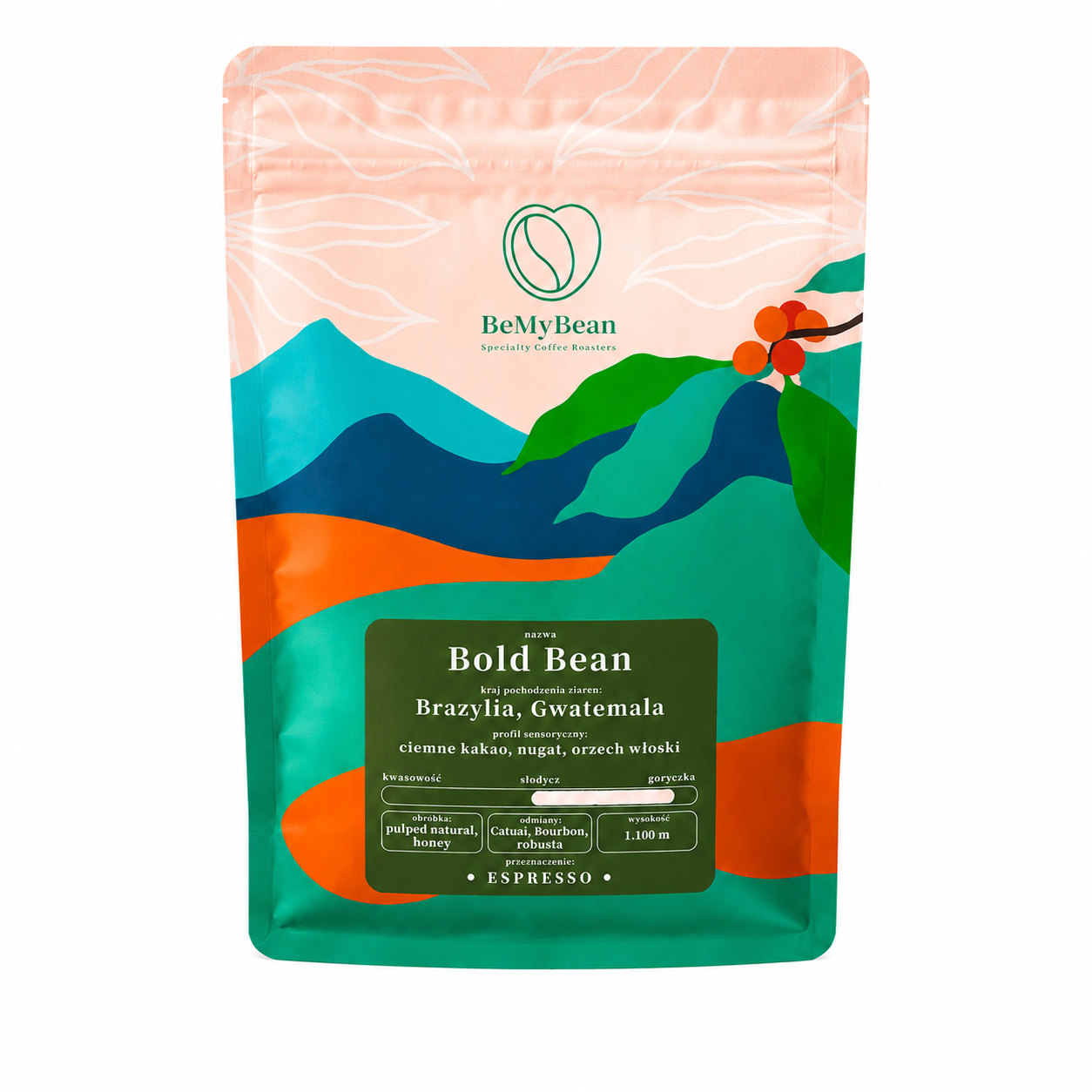 Bold Bean to kawa ziarnista do espresso o intensywnym profilu smakowym. Ziarna z Brazylii i Gwatemali oferują nuty ciemnego kakao, nugatu i orzecha włoskiego. Doskonała do ekspresów automatycznych, kolbowych i kawiarek.