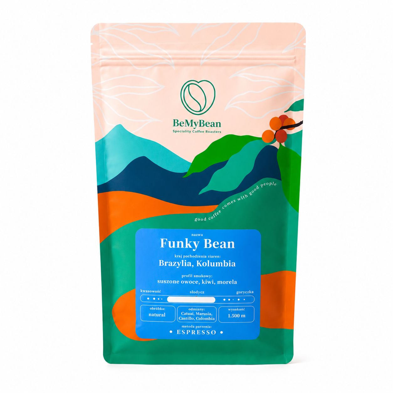BeMyBean Funky Bean to kawa ziarnista przeznaczona do espresso, powstała z ziaren pochodzących z Brazylii i Kolumbii. W profilu smakowym wyczuwalne są nuty suszonych owoców, kiwi i moreli.
