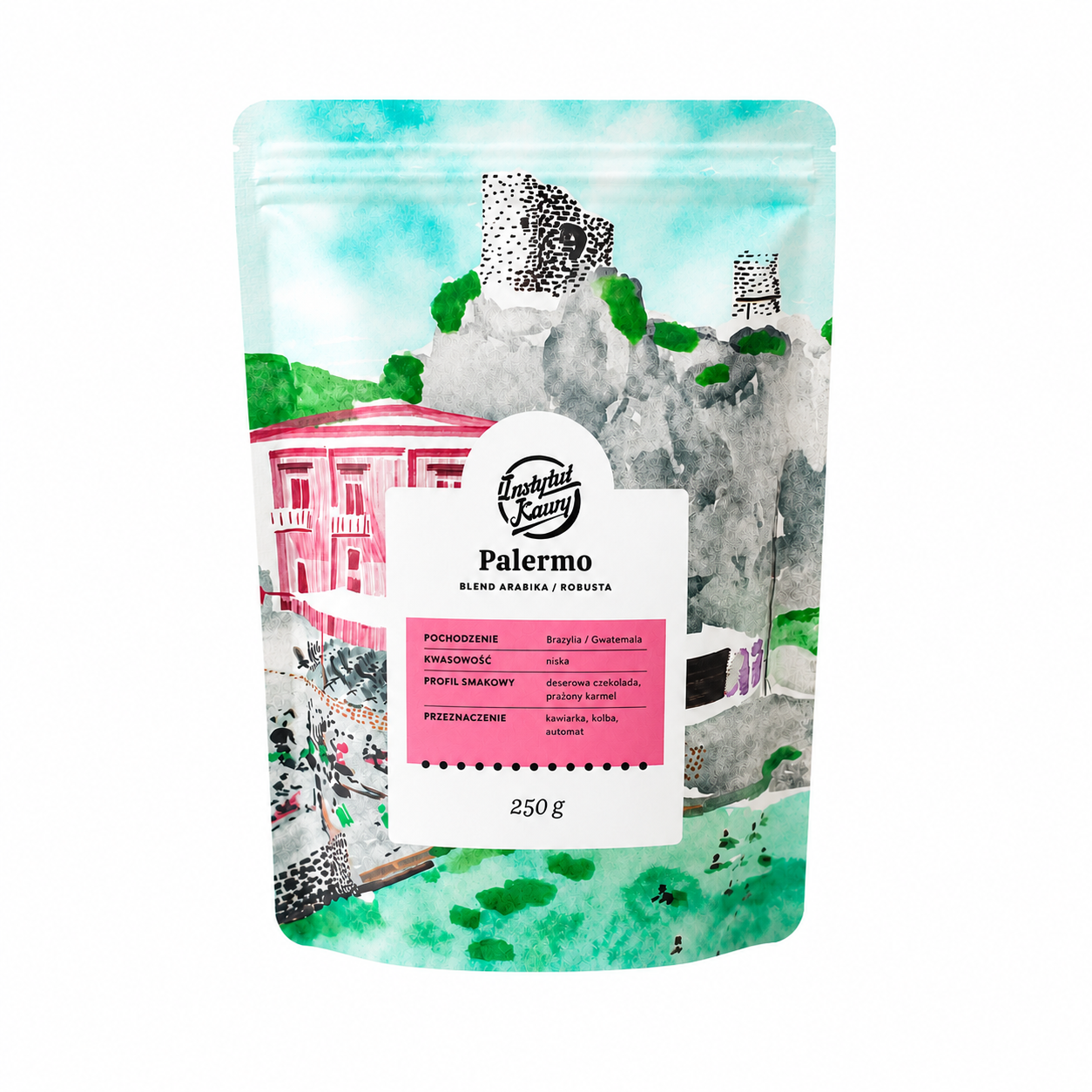 Instytut Kawy Palermo 250 g to wyjątkowa mieszanka kawy ziarnistej Arabika i Robusta z Brazylii oraz Gwatemali. Niska kwasowość, intensywny aromat oraz nuty deserowej czekolady i prażonego karmelu tworzą harmonijny smak idealny do kawiarki,