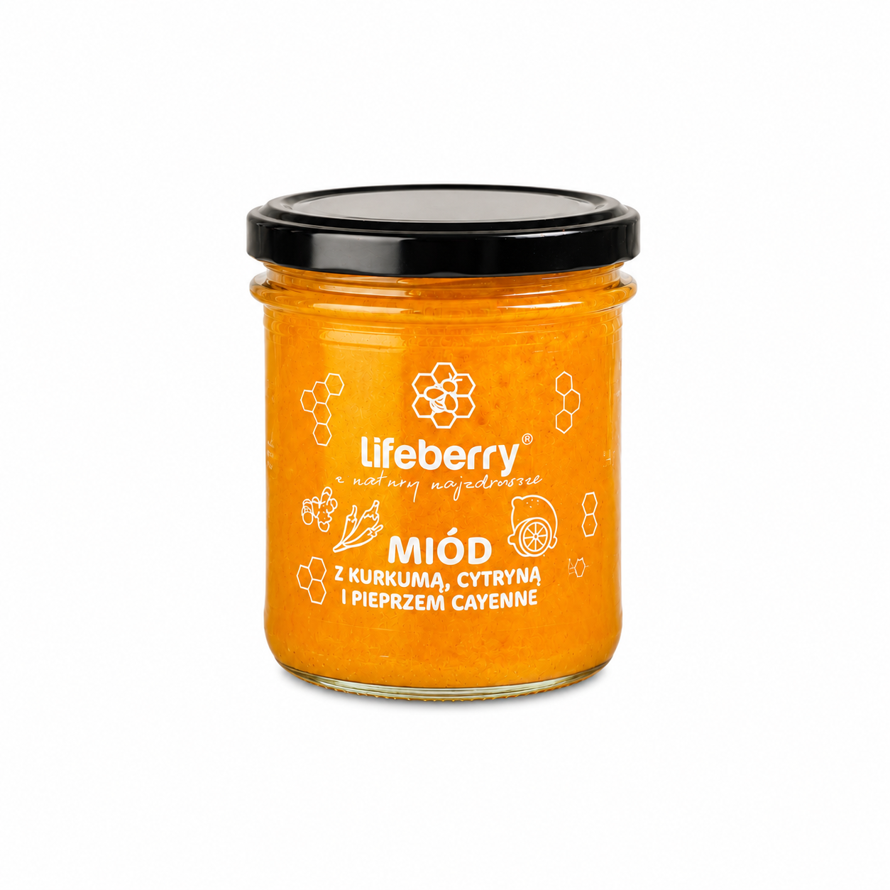 Lifeberry Miód z kurkumą, cytryną i pieprzem cayenne 250 g to wyjątkowe połączenie naturalnego miodu oraz aromatycznych dodatków. Intensywny smak kurkumy, świeżość cytryny i lekko pikantna nuta pieprzu cayenne tworzą wyjątkową kompozycję na co dzień.