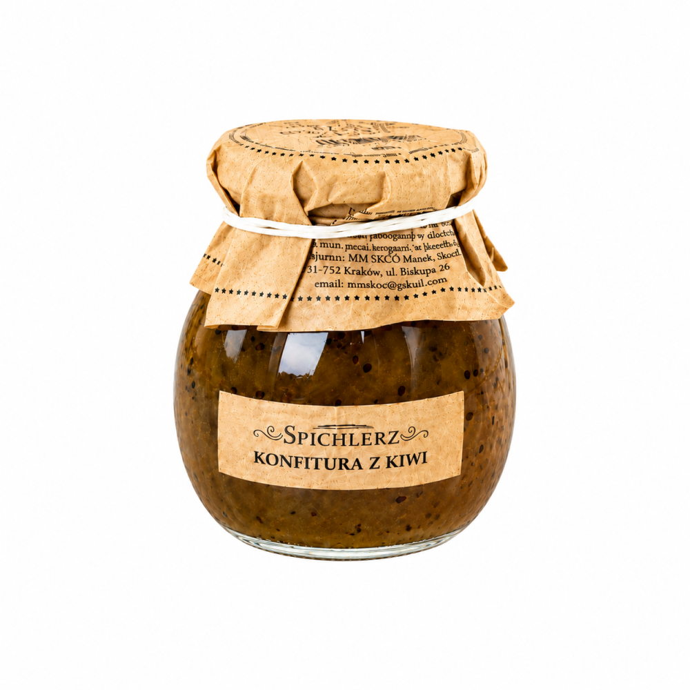 Konfitura z kiwi Spichlerz to wyjątkowy owocowy przysmak o charakterystycznym, lekko kwaskowym smaku i intensywnym aromacie świeżego kiwi. Doskonała do pieczywa, naleśników, deserów oraz jako dodatek do jogurtów i wypieków.