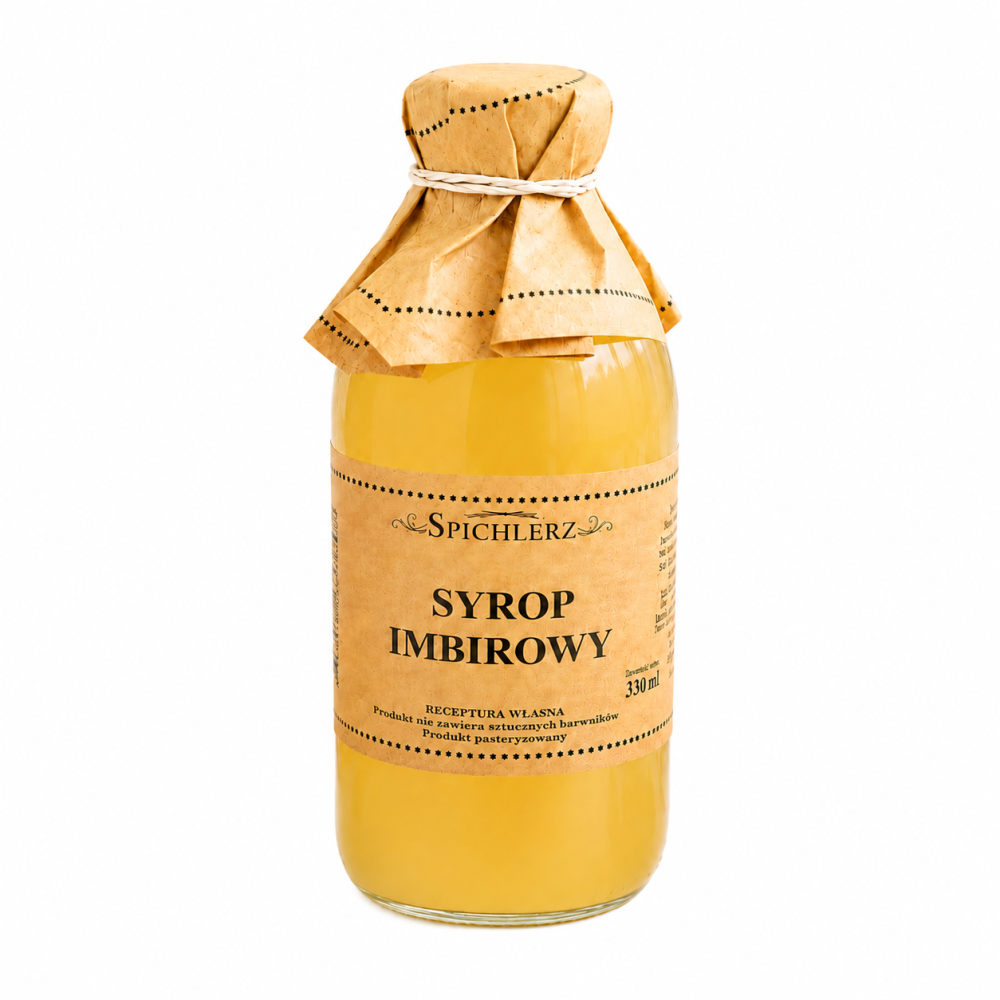 Naturalny syrop imbirowy Spichlerz 330 ml przygotowany według tradycyjnej receptury. Wyrazisty smak świeżego imbiru sprawia, że doskonale nadaje się jako dodatek do herbaty, napojów, lemoniad, deserów oraz koktajli.