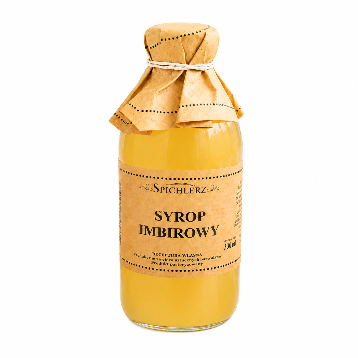 Naturalny syrop imbirowy Spichlerz 330 ml przygotowany według tradycyjnej receptury. Wyrazisty smak świeżego imbiru sprawia, że doskonale nadaje się jako dodatek do herbaty, napojów, lemoniad, deserów oraz koktajli.
