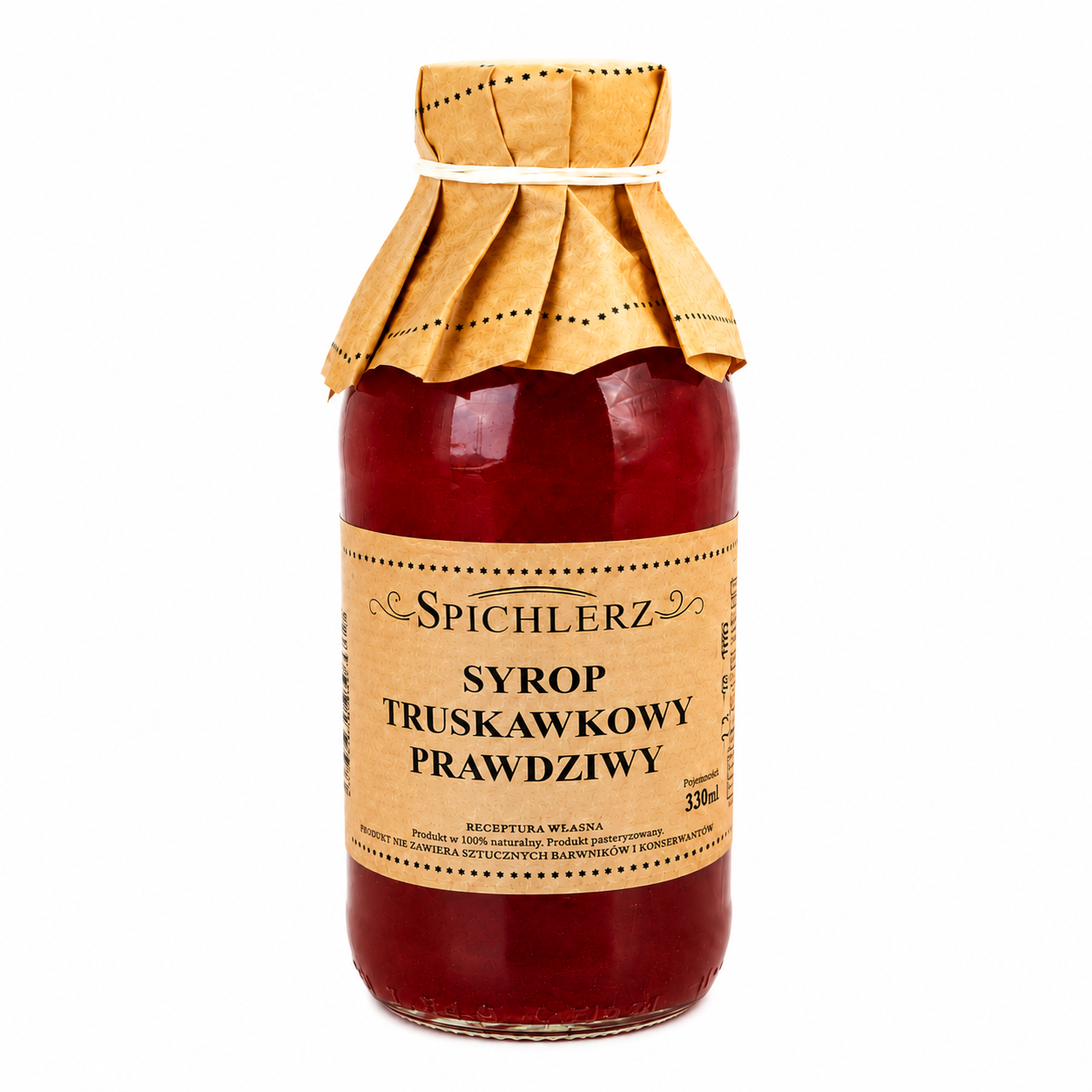 Wyjątkowy syrop truskawkowy Spichlerz 330 ml przygotowany według tradycyjnej receptury. Intensywny smak i aromat dojrzałych truskawek sprawiają, że doskonale sprawdzi się jako dodatek do herbaty, napojów, lemoniad, deserów, lodów oraz naleśników.