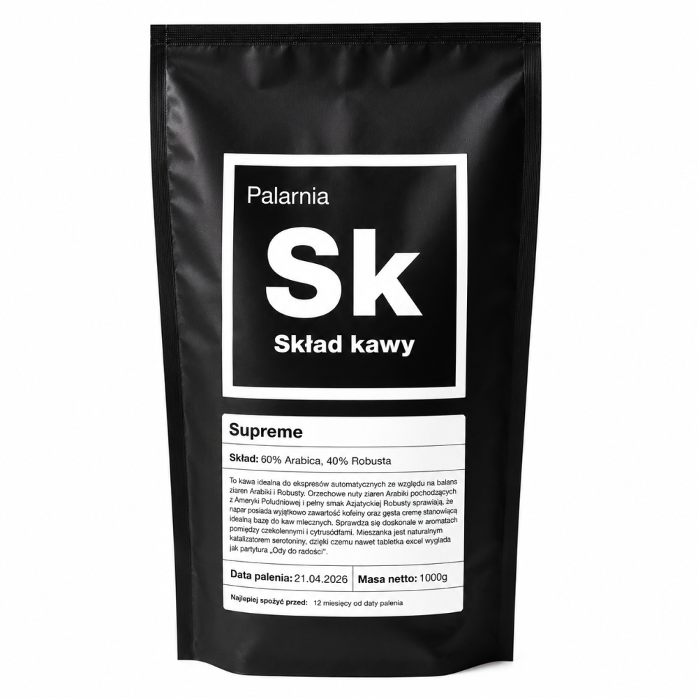 Skład Kawy Supreme to kawa ziarnista stworzona z myślą o miłośnikach intensywnego smaku i wyrazistego aromatu. Mieszanka 60% Arabiki i 40% Robusty zapewnia harmonijne połączenie delikatności, głębi oraz pobudzającej mocy.