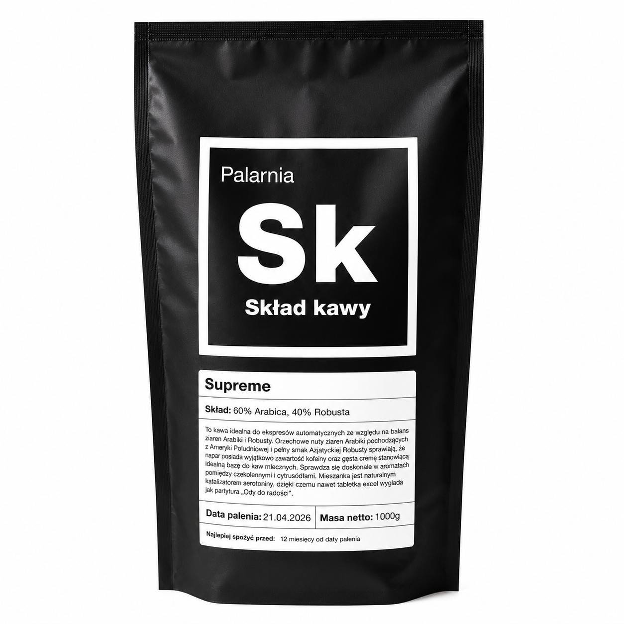 Skład Kawy Supreme to kawa ziarnista stworzona z myślą o miłośnikach intensywnego smaku i wyrazistego aromatu. Mieszanka 60% Arabiki i 40% Robusty zapewnia harmonijne połączenie delikatności, głębi oraz pobudzającej mocy.