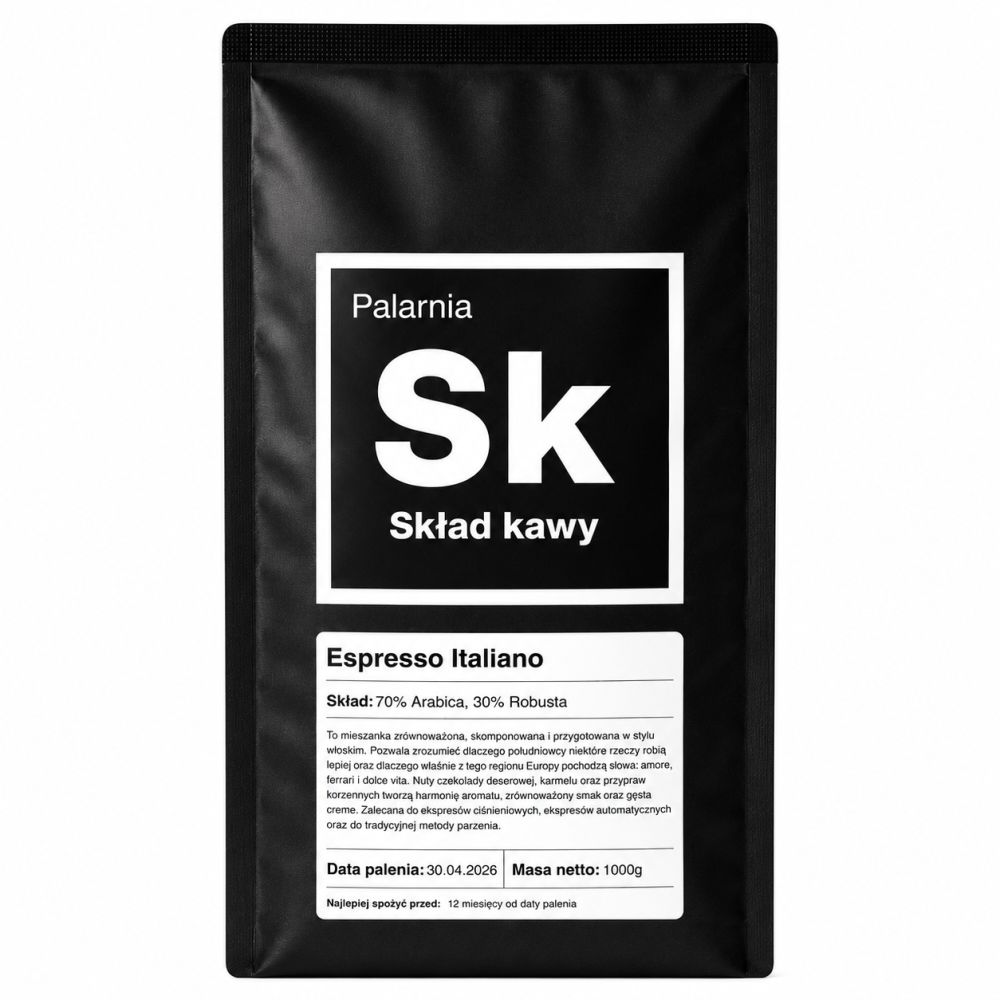 Skład Kawy Espresso Italiano to starannie skomponowana kawa ziarnista inspirowana tradycyjnym włoskim espresso. Połączenie 70% Arabiki i 30% Robusty zapewnia harmonijny smak, intensywny aromat oraz aksamitną, gęstą cremę.