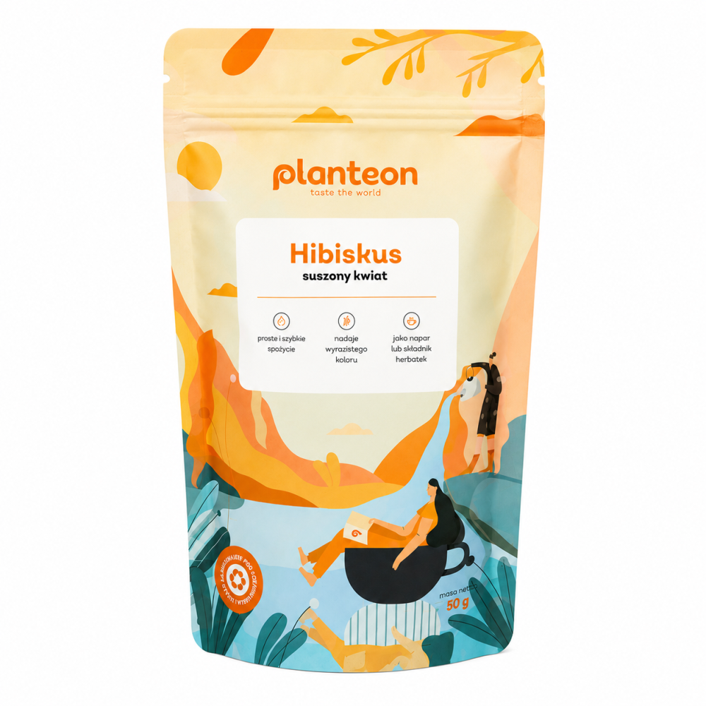 Hibiskus suszony kwiat Planteon to wysokiej jakości produkt o intensywnym aromacie i charakterystycznym, lekko kwaskowym smaku. Po zaparzeniu tworzy napar o głębokiej rubinowej barwie, który doskonale smakuje zarówno na ciepło, jak i na zimno.