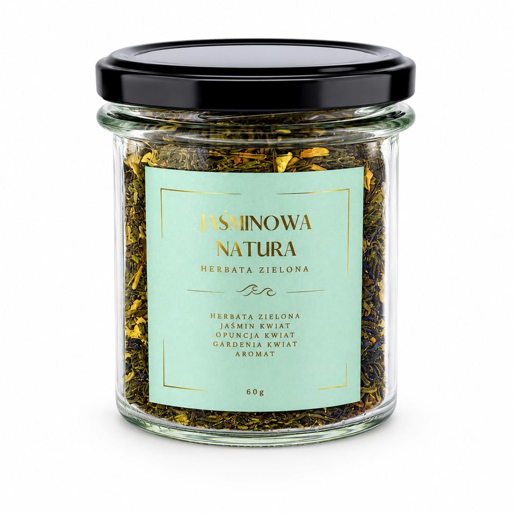 Jaśminowa Natura to aromatyczna herbata zielona liściasta wzbogacona kwiatem jaśminu, opuncji i gardenii. Starannie dobrana kompozycja zachwyca delikatnym, kwiatowym aromatem oraz subtelnym, świeżym smakiem.