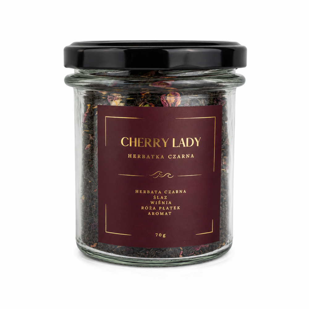 Cherry Lady to wyjątkowa herbata czarna liściasta, która łączy głęboki smak klasycznej czarnej herbaty z aromatyczną wiśnią oraz delikatnymi płatkami róży.