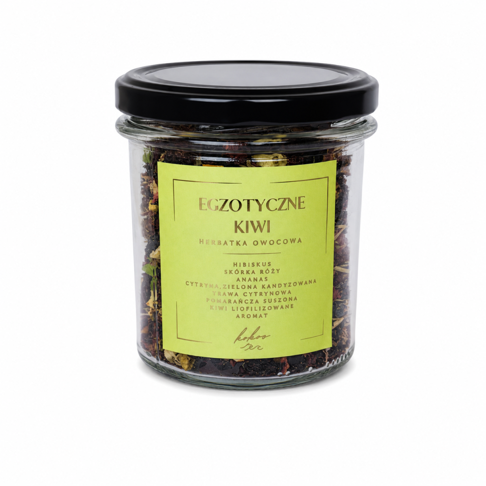 Egzotyczne Kiwi to herbata owocowa, która przenosi w świat tropikalnych smaków i aromatów. Starannie skomponowana mieszanka hibiskusa, liofilizowanego kiwi, ananasa oraz trawy cytrynowej tworzy orzeźwiający napar o intensywnym owocowym charakterze