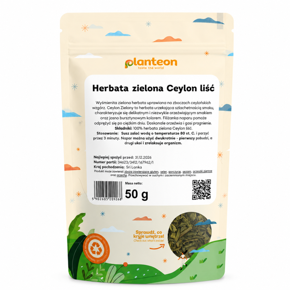 Herbata Zielona Ceylon Liść to wysokiej jakości, 100% liściasta herbata pochodząca ze słynnych plantacji na cejlońskich wzgórzach Sri Lanki. Charakteryzuje się delikatnym, świeżym smakiem, subtelnym aromatem oraz jasnym, złocisto-bursztynowym naparem.