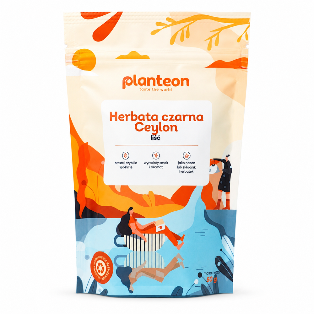 Herbata Czarna Ceylon Liść Planteon 50 g to wysokiej jakości liściasta herbata pochodząca z Cejlonu (Sri Lanka), ceniona za intensywny aromat, głęboki smak oraz piękną bursztynową barwę naparu.