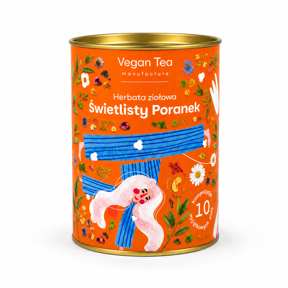 Herbata Ziołowa Świetlisty Poranek Vegan Tea to wyjątkowa kompozycja 10 starannie dobranych ziół, stworzona z myślą o dobrym rozpoczęciu dnia. Naturalne składniki tworzą harmonijny napar o delikatnym aromacie i świeżym, ziołowym smaku
