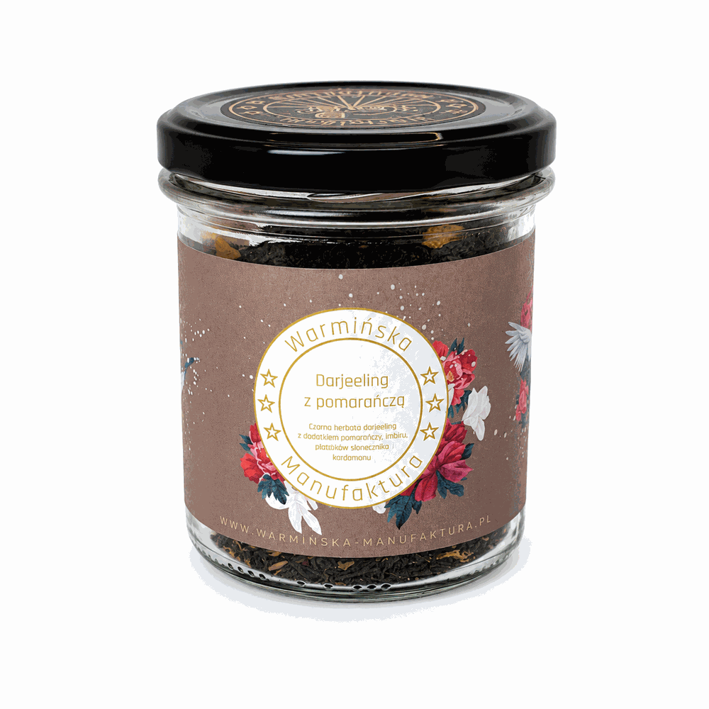 Herbata Darjeeling z dodatkiem pomarańczy, imbiru i kardamonu. Aromatyczna herbata liściasta premium o cytrusowo-korzennym smaku. Idealna na prezent i do codziennego delektowania się.
