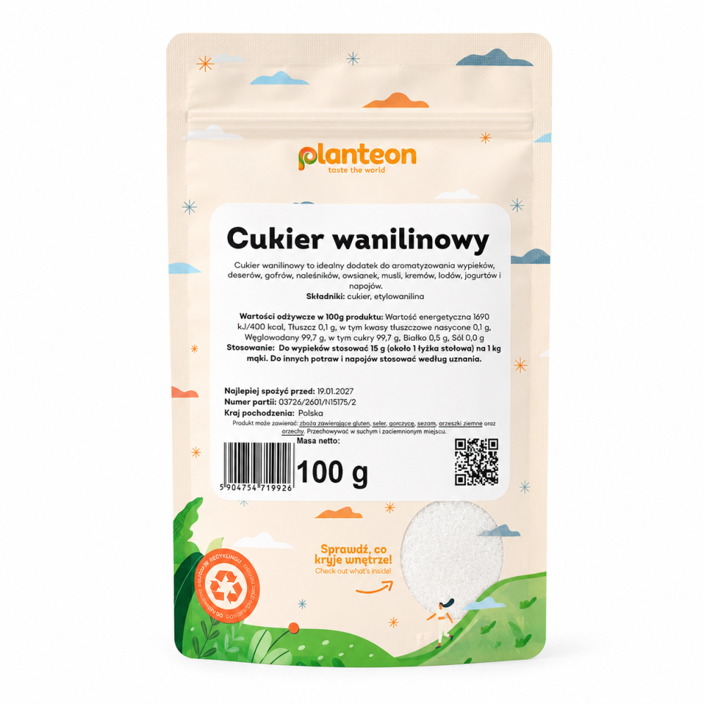Cukier Wanilinowy Planteon 100 g to aromatyczny dodatek, który nadaje wypiekom i deserom wyjątkowy waniliowy smak oraz przyjemny zapach. Doskonale sprawdza się podczas pieczenia ciast, ciasteczek, babeczek, naleśników