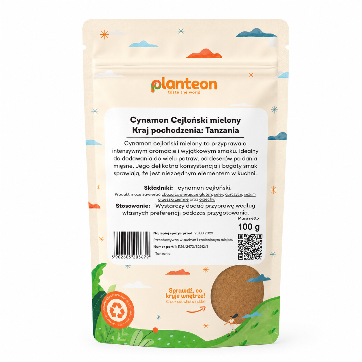 Cynamon cejloński mielony Planteon 100 g to wysokiej jakości przyprawa ceniona za delikatny, słodkawy aromat i subtelniejszy smak niż tradycyjny cynamon kasja. Pozyskiwany z kory cynamonowca cejlońskiego.