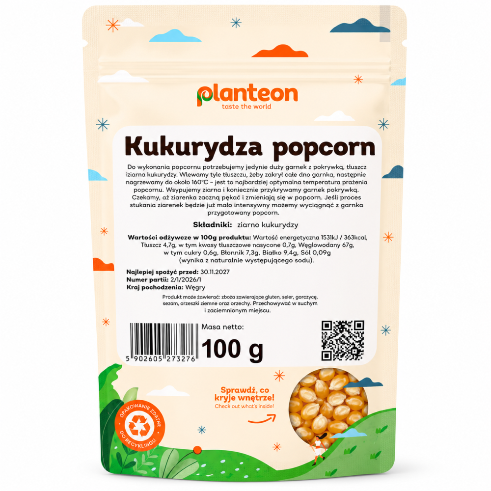 Kukurydza Popcorn Planteon 100 g to wysokiej jakości ziarna kukurydzy przeznaczone do przygotowania chrupiącego, domowego popcornu. Starannie wyselekcjonowane ziarna równomiernie pękają podczas prażenia, tworząc lekką przekąskę.