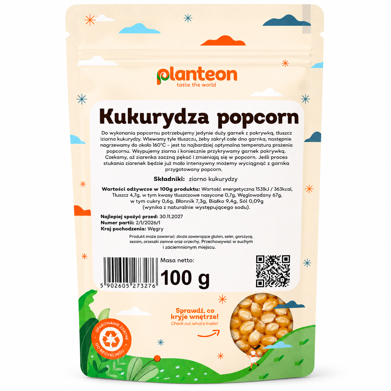 Kukurydza Popcorn Planteon 100 g to wysokiej jakości ziarna kukurydzy przeznaczone do przygotowania chrupiącego, domowego popcornu. Starannie wyselekcjonowane ziarna równomiernie pękają podczas prażenia, tworząc lekką przekąskę.