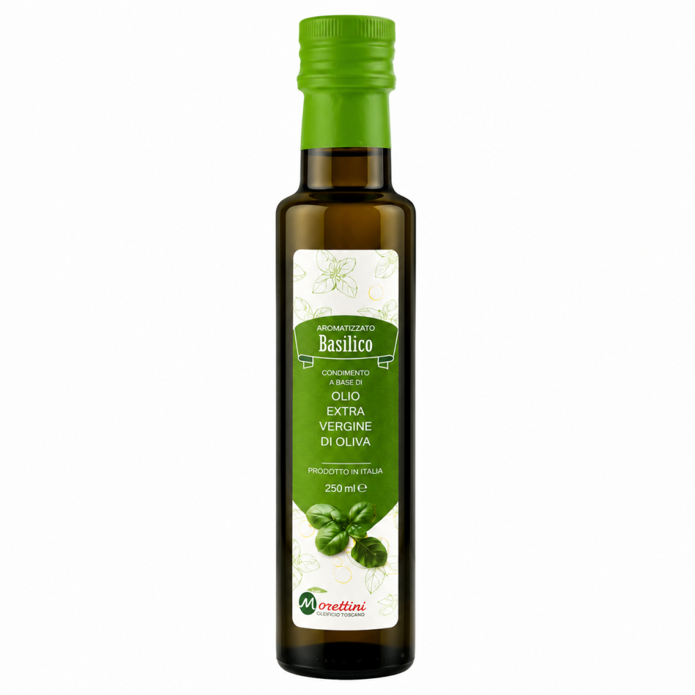 Oliwa z oliwek Extra Virgin z bazylią Morettini 250 ml to wysokiej jakości włoska oliwa extra virgin wzbogacona naturalnym aromatem świeżej bazylii. Powstaje na bazie oliwy z pierwszego tłoczenia na zimno.