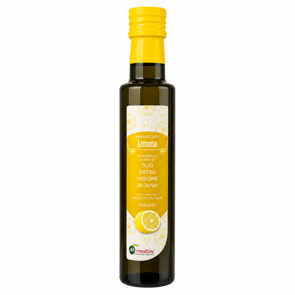 Oliwa z oliwek Extra Virgin z cytryną Morettini 250 ml to wysokiej jakości włoska oliwa z pierwszego tłoczenia na zimno wzbogacona naturalnym aromatem cytryny,nadaje potrawom wyjątkową świeżość
