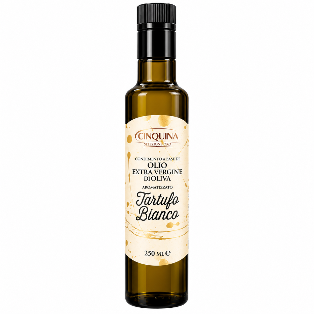Oliwa z oliwek Extra Virgin z białą truflą Cinquina 250 ml to wyjątkowa włoska oliwa aromatyzowana białą truflą, która nadaje potrawom elegancki, intensywny smak i aromat. Doskonale sprawdza się jako dodatek do makaronów, risotto, jajek