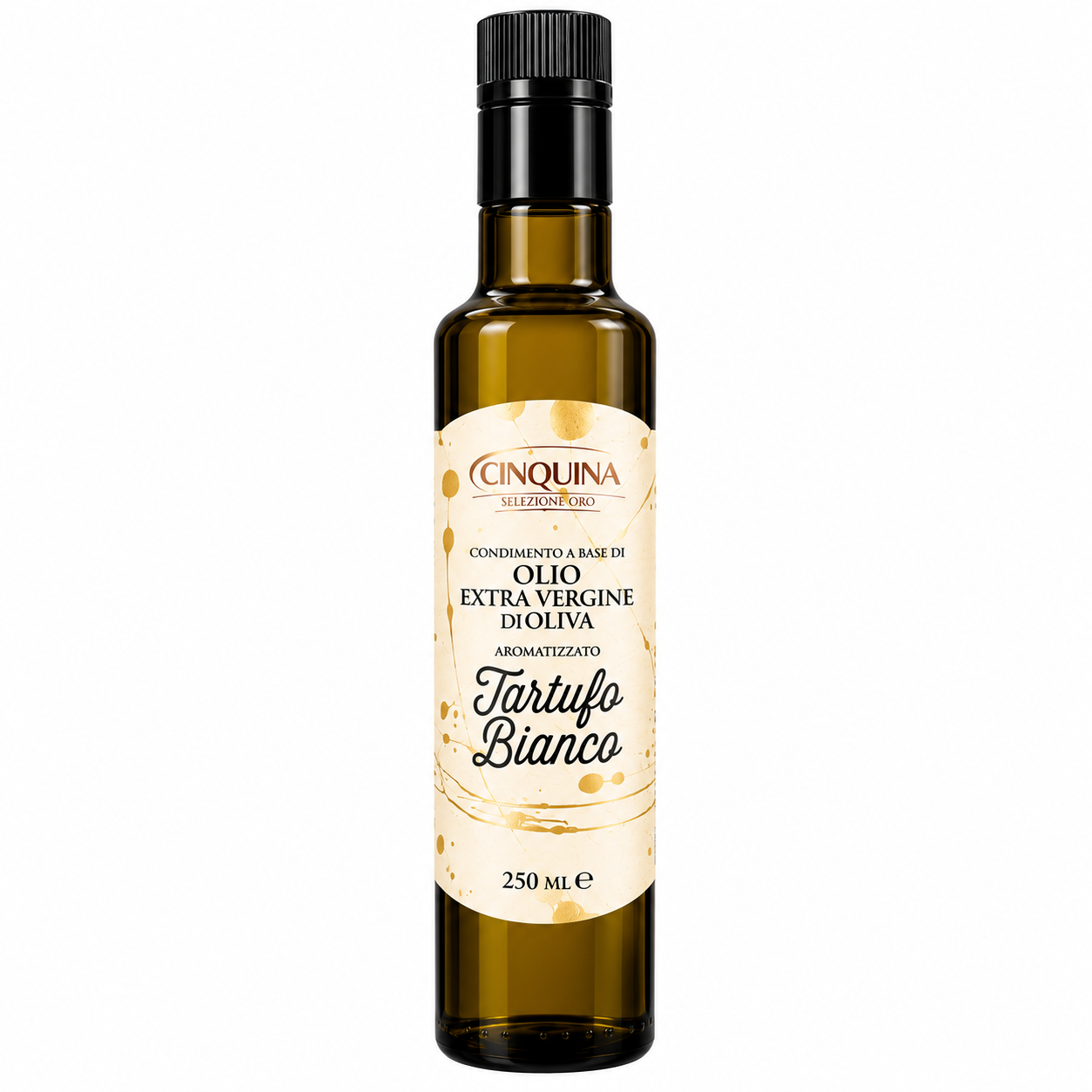 Oliwa z oliwek Extra Virgin z białą truflą Cinquina 250 ml to wyjątkowa włoska oliwa aromatyzowana białą truflą, która nadaje potrawom elegancki, intensywny smak i aromat. Doskonale sprawdza się jako dodatek do makaronów, risotto, jajek