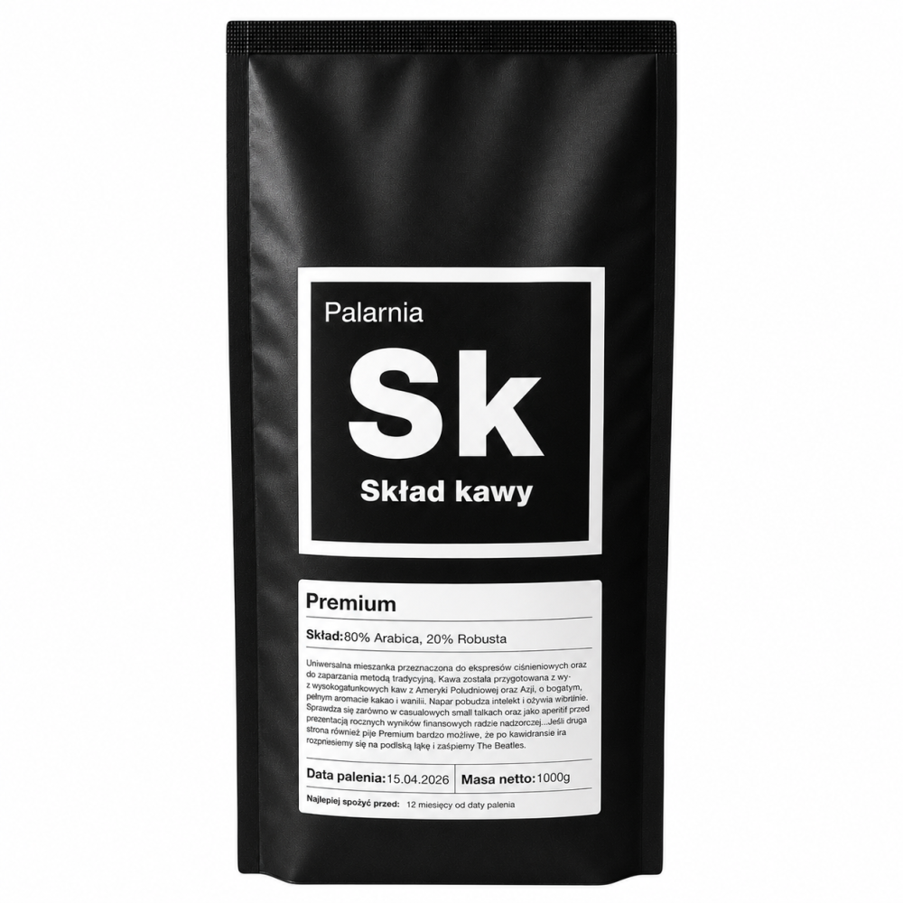 Skład Kawy Premium 1 kg to starannie skomponowana mieszanka 80% Arabica i 20% Robusta, łącząca intensywny aromat z pełnym, zbalansowanym smakiem. Nuty kakao i wanilii sprawiają, że kawa doskonale sprawdzi się do ekspresów ciśnieniowych