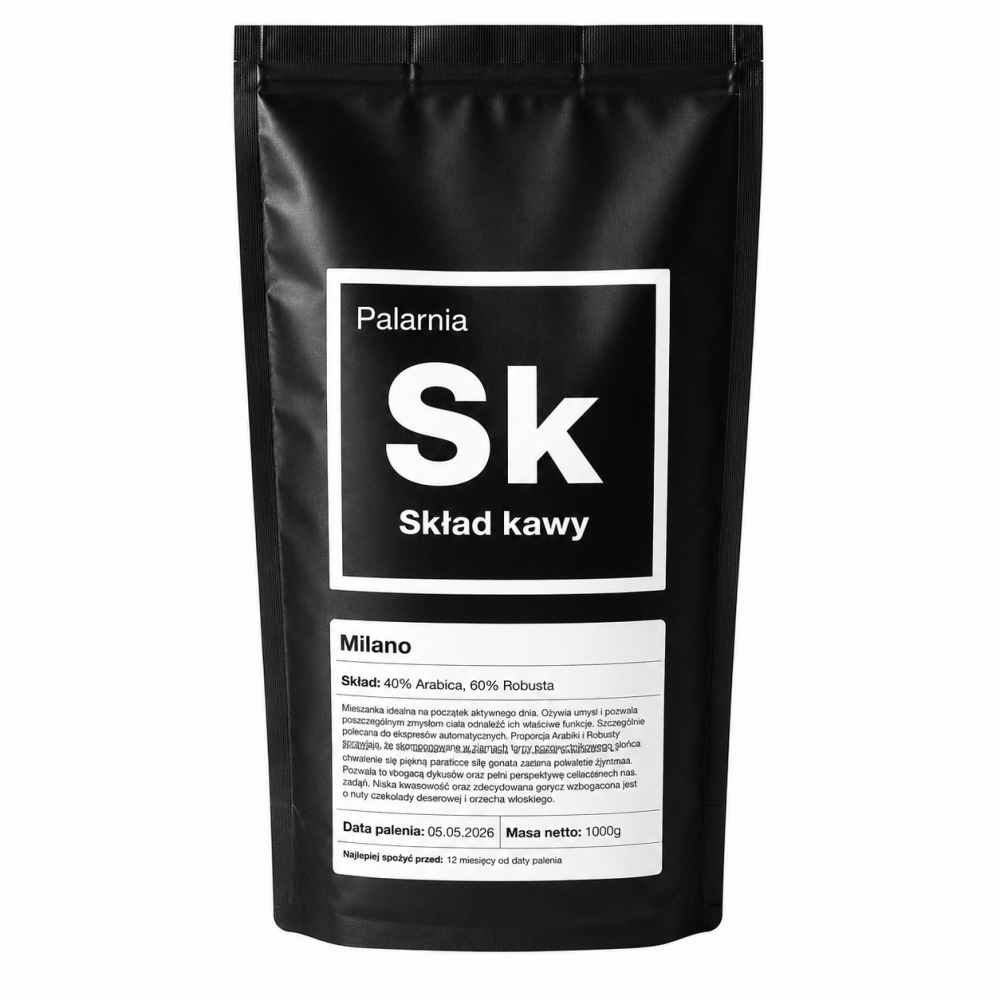 Skład Kawy Milano 1 kg to intensywna mieszanka 40% Arabica i 60% Robusta, stworzona z myślą o miłośnikach wyrazistego espresso. Charakteryzuje się niską kwasowością, pełnym body oraz nutami gorzkiej czekolady i orzecha włoskiego.