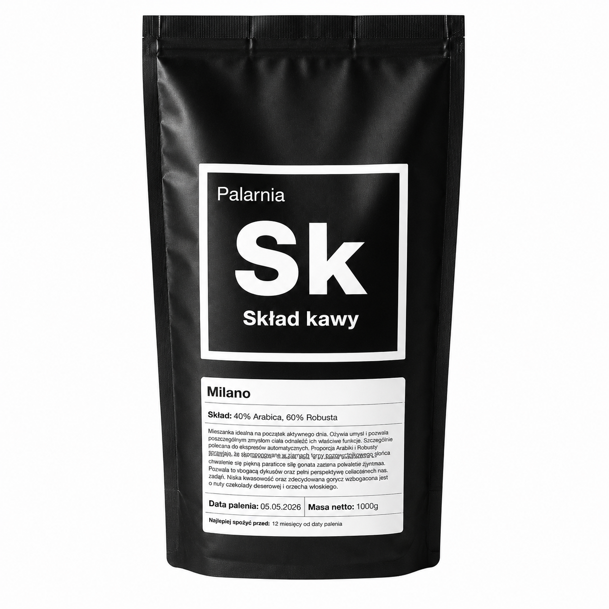 Skład Kawy Milano 1 kg to intensywna mieszanka 40% Arabica i 60% Robusta, stworzona z myślą o miłośnikach wyrazistego espresso. Charakteryzuje się niską kwasowością, pełnym body oraz nutami gorzkiej czekolady i orzecha włoskiego.