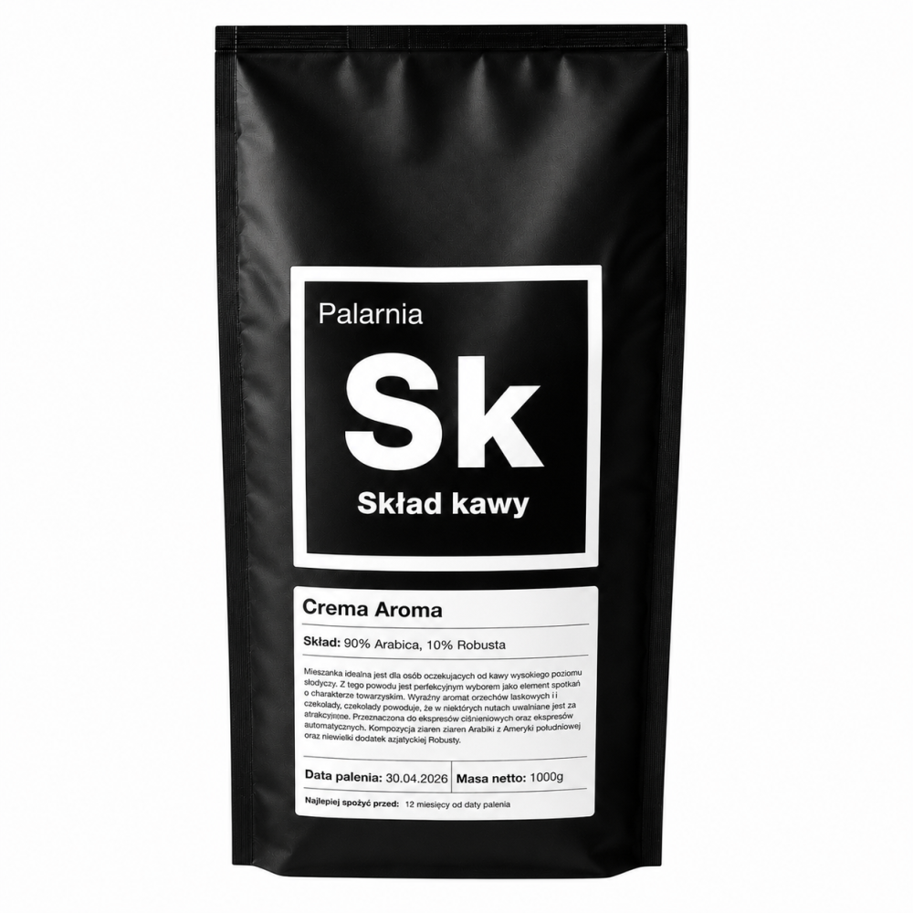 Skład Kawy Crema Aroma 1 kg to starannie skomponowana mieszanka 90% Arabica i 10% Robusta, oferująca łagodny, zbalansowany smak z nutami orzechów laskowych i mlecznej czekolady. Doskonale sprawdzi się w ekspresach ciśnieniowych