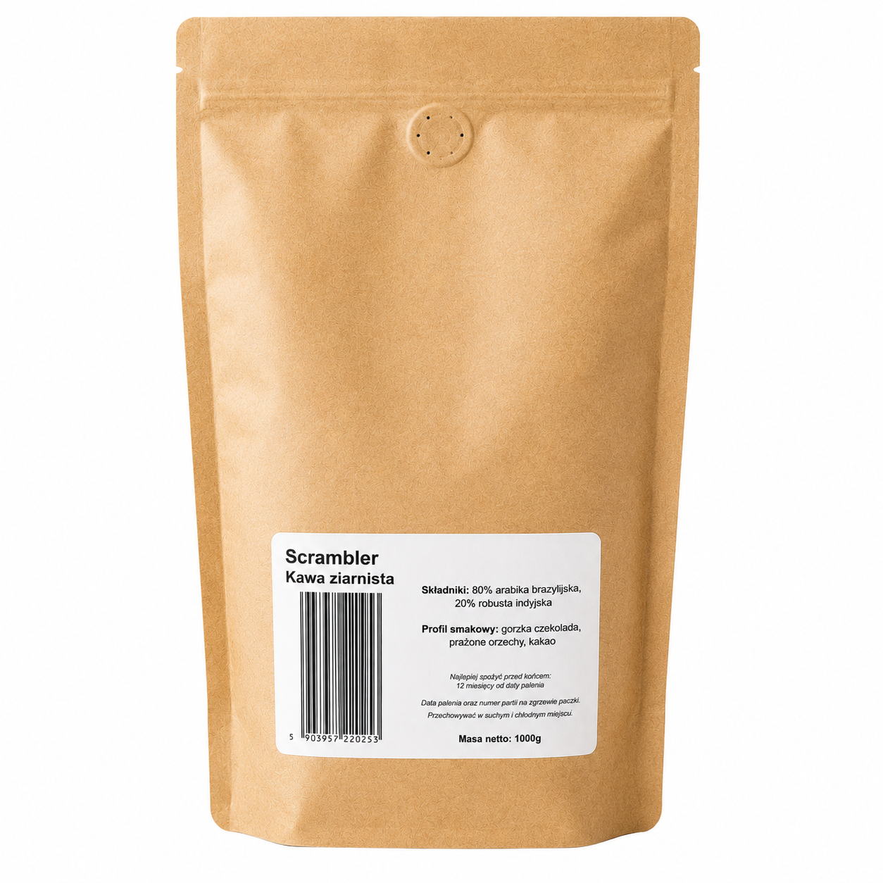 Scrambler Kawa Ziarnista 1 kg to wyrazista mieszanka 80% Arabica i 20% Robusta, stworzona dla miłośników intensywnego smaku i bogatego aromatu. W profilu smakowym dominują nuty gorzkiej czekolady, prażonych orzechów i kakao.