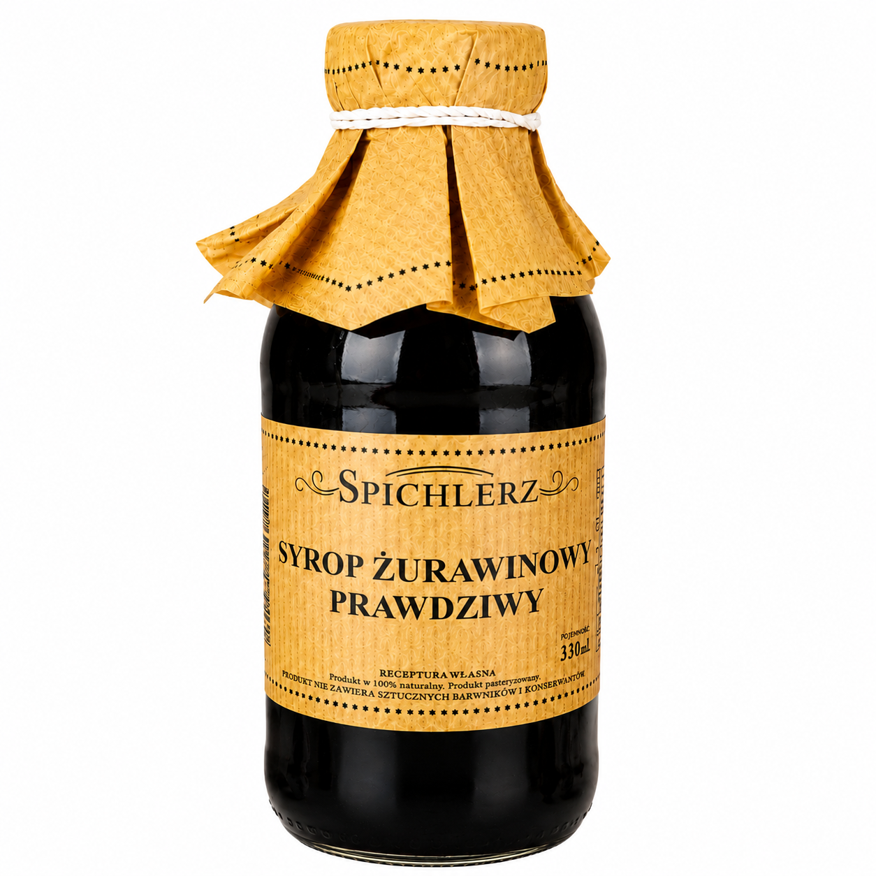 Spichlerz Syrop Żurawinowy Prawdziwy 330 ml to naturalny syrop przygotowany według tradycyjnej receptury, o intensywnym smaku i aromacie żurawiny. Doskonale sprawdzi się jako dodatek do herbaty, wody, deserów, naleśników, lodów oraz koktajli.