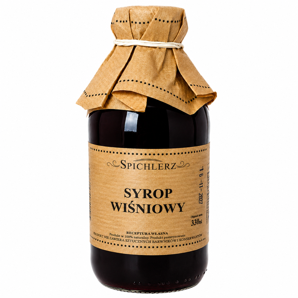 Spichlerz Syrop Wiśniowy 330 ml to naturalny syrop o intensywnym smaku dojrzałych wiśni, przygotowany według tradycyjnej receptury. Doskonale sprawdzi się jako dodatek do herbaty, wody, deserów, naleśników, lodów oraz domowych koktajli.
