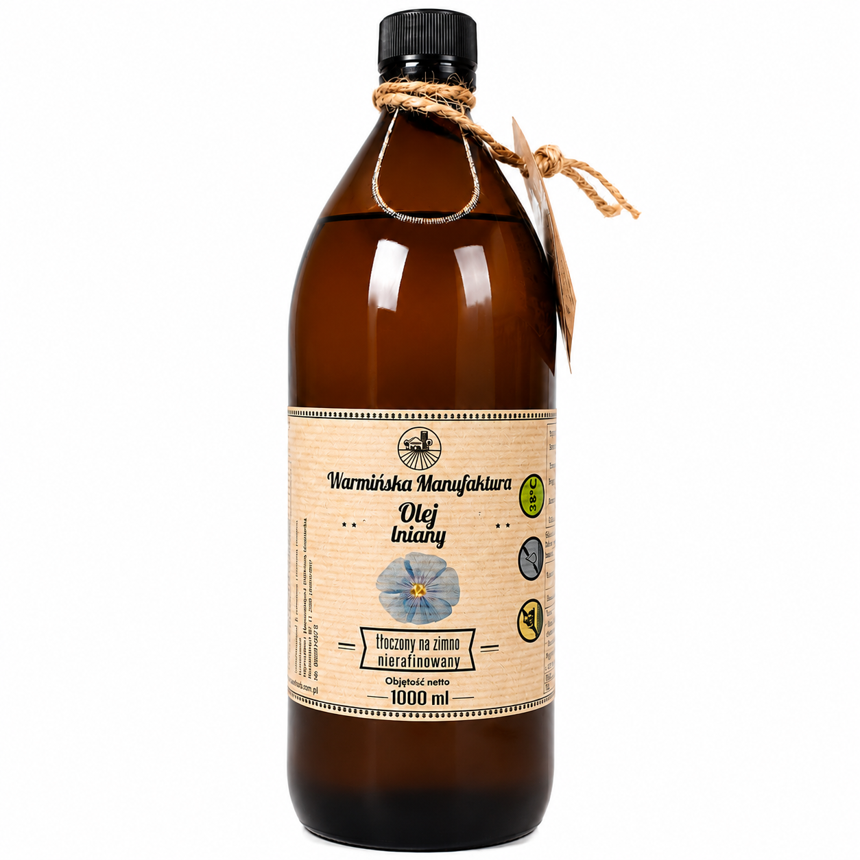 Naturalny olej lniany tłoczony na zimno, nierafinowany, produkowany tradycyjną metodą z wyselekcjonowanych nasion lnu. Bogaty w kwasy omega-3, zachwyca delikatnym, lekko orzechowym smakiem