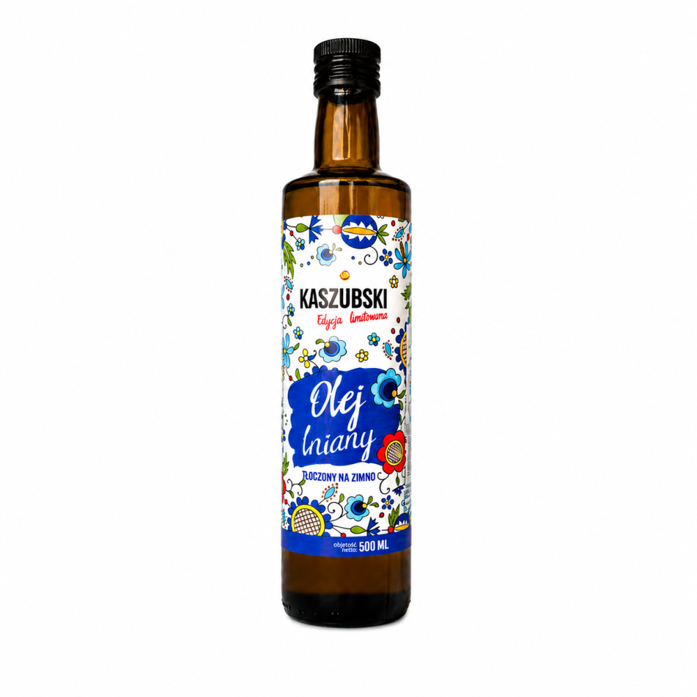 Olej lniany tłoczony na zimno Kaszubski 500 ml – naturalny olej roślinny o delikatnym smaku, idealny do sałatek, dań na zimno i zdrowej kuchni.