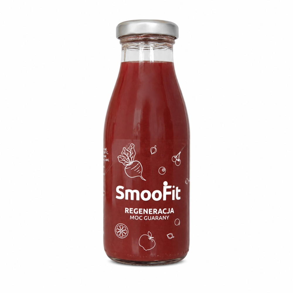 SmooFit Regeneracja, Moc Guarany, smoothie 250 ml, napój owocowo-warzywny, sok z guaraną, zdrowy napój, smoothie w butelce, SmooFit 250 ml, napój funkcjonalny, owocowe smoothie.