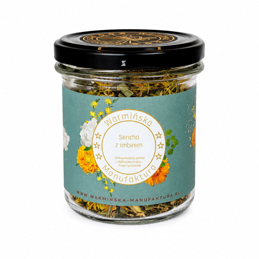 Warmińska Manufaktura Sencha z Imbirem to wysokiej jakości zielona herbata z dodatkiem aromatycznego imbiru i trawy cytrynowej. Jej świeży, lekko pikantny smak oraz naturalny aromat sprawiają, że doskonale sprawdzi się o każdej porze dnia.