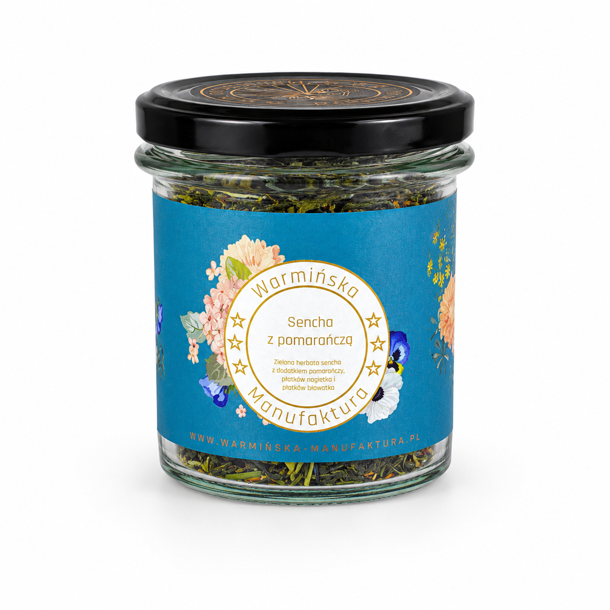 Warmińska Manufaktura Sencha z Pomarańczą to aromatyczna zielona herbata z dodatkiem pomarańczy, płatków nagietka i bławatka. Zachwyca świeżym, cytrusowym smakiem oraz naturalnym aromatem.