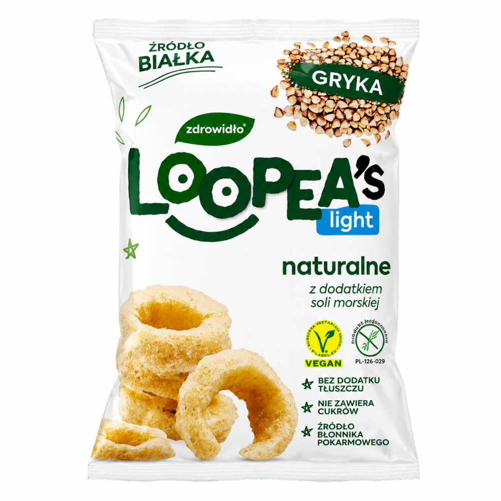 Chrupki gryczane Loopes Light naturalne z dodatkiem soli morskiej to lekka, wegańska przekąska bez cukrów, bez dodatku tłuszczu i bez glutenu. Źródło błonnika pokarmowego – idealna alternatywa dla tradycyjnych chipsów.