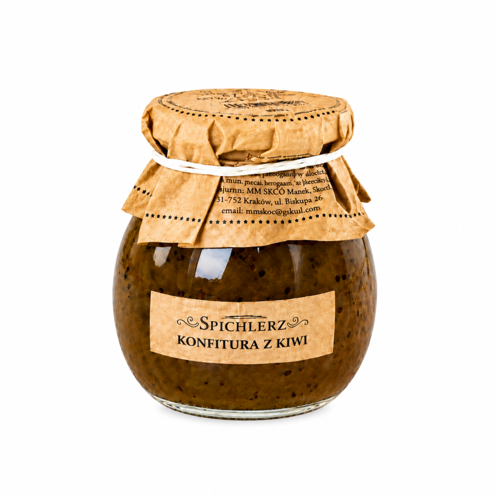 Konfitura z kiwi Spichlerz to wyjątkowy owocowy przysmak o charakterystycznym, lekko kwaskowym smaku i intensywnym aromacie świeżego kiwi. Doskonała do pieczywa, naleśników, deserów oraz jako dodatek do jogurtów i wypieków.