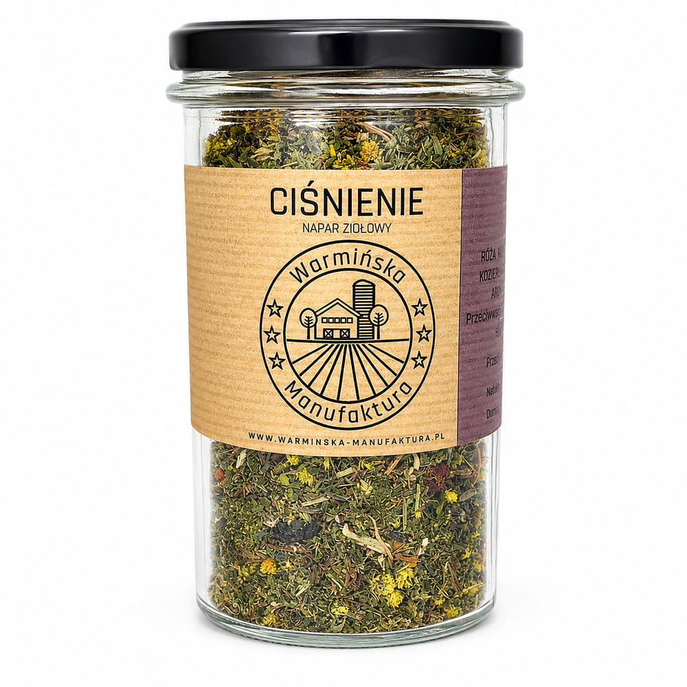Napar ziołowy „Ciśnienie” Warmińska Manufaktura to starannie skomponowana mieszanka suszonych ziół, idealna do przygotowania aromatycznego napoju. Produkt zamknięty w szklanym słoiku zachowuje świeżość, naturalny aromat i wysoką jakość składników.