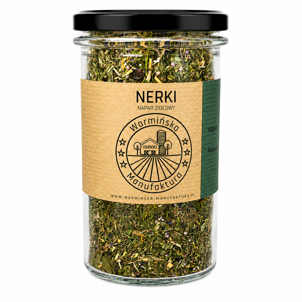 Napar ziołowy „Nerki” Warmińska Manufaktura to aromatyczna mieszanka starannie dobranych ziół, zamknięta w praktycznym szklanym słoiku. Idealna do przygotowania naturalnego, pełnego smaku naparu.