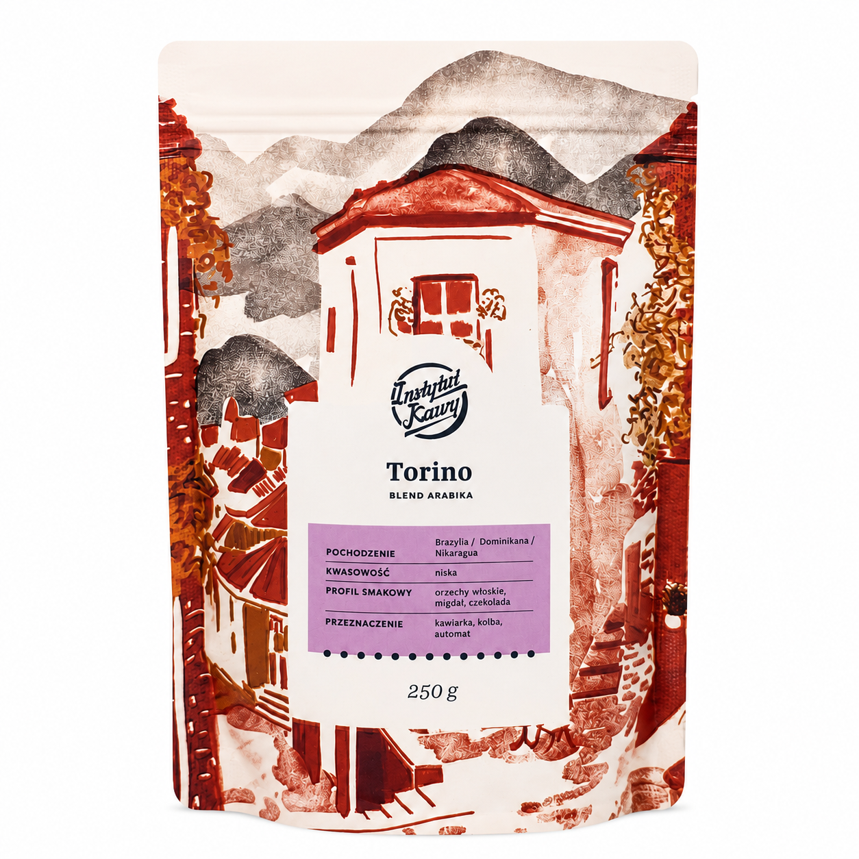 Torino Blend Arabika 250 g – kawa o niskiej kwasowości z nutami czekolady, migdałów i orzechów. Idealna do ekspresu i kawiarki.