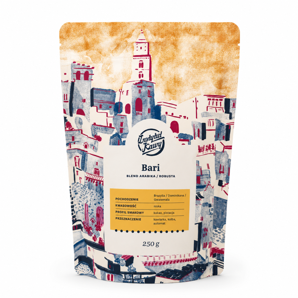 Bari Blend Arabika/Robusta to wyrazista, a jednocześnie łagodna kawa stworzona z ziaren pochodzących z Brazylii, Dominikany i Gwatemali. Połączenie arabiki z robustą zapewnia przyjemny aromat, pełniejsze body