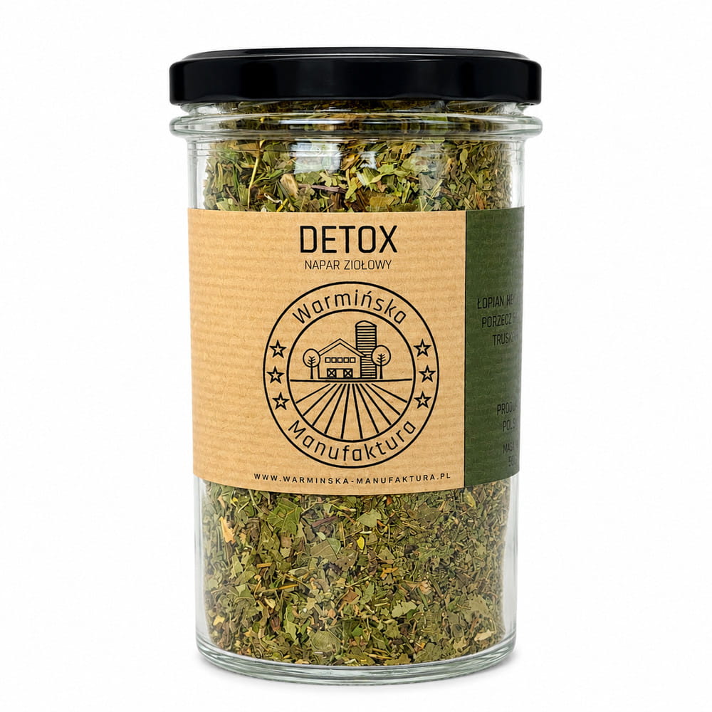 Ziołowy napar „Detox” Warmińskiej Manufaktury to aromatyczna mieszanka starannie dobranych ziół, idealna do codziennego parzenia. Naturalny smak i wygodne opakowanie w szklanym słoiku.
