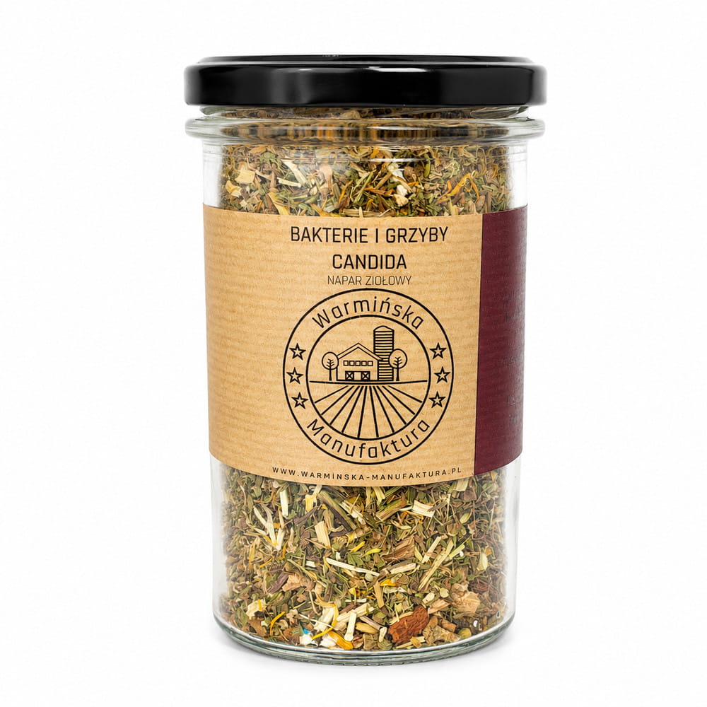 Ziołowy napar „Bakterie i Grzyby Candida” Warmińskiej Manufaktury to starannie skomponowana mieszanka ziół o naturalnym aromacie, przeznaczona do codziennego parzenia.