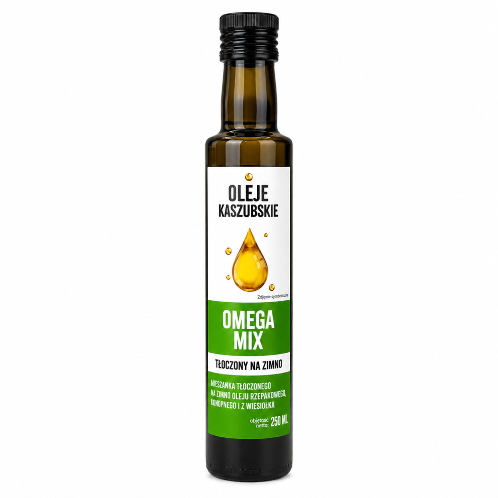 Omega Mix Oleje Kaszubskie to tłoczona na zimno mieszanka oleju rzepakowego, konopnego i z wiesiołka. Naturalny olej o delikatnym smaku, idealny do sałatek, past i dań na zimno.