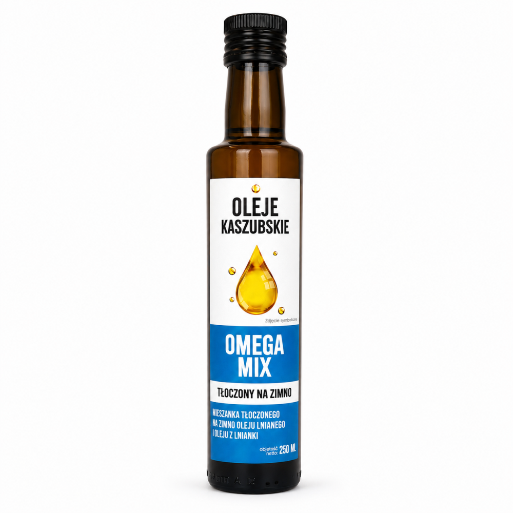 Omega Mix Oleje Kaszubskie to tłoczona na zimno mieszanka oleju lnianego i oleju z lnianki. Naturalny olej o delikatnym smaku, idealny do sałatek, surówek i dań na zimno